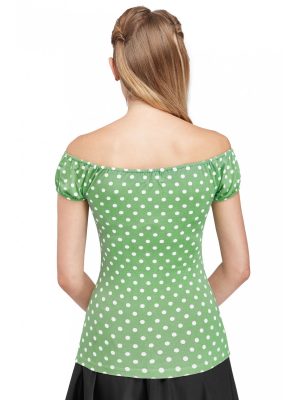 Dolly & Dotty Susan Bardot Style Off/On The Shoulder Tie Top Pale Green Polka