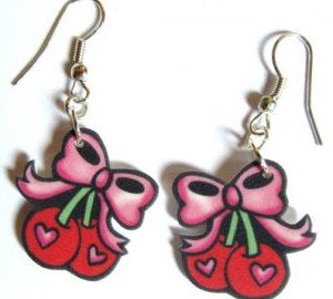 Cherry Earrings Bow with Heart Drop by Dolly Cool