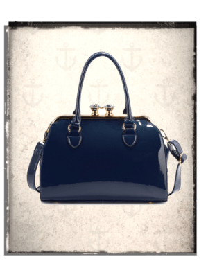 Navy Patent vintage style bag With Metal frame